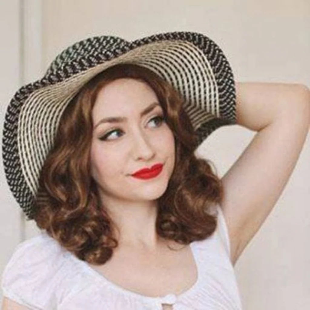 Brown, shoulder length, pinup style wig with finger waves: Honey - Image 4