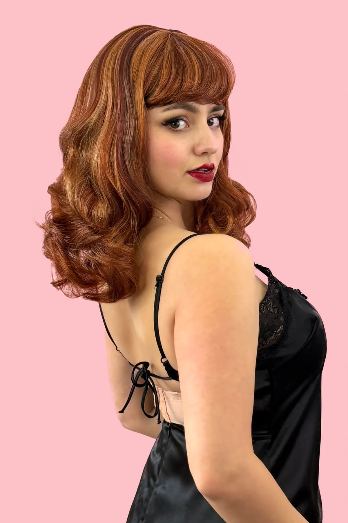 Auburn pinup style wig, finger waved with short fringe: Heidi