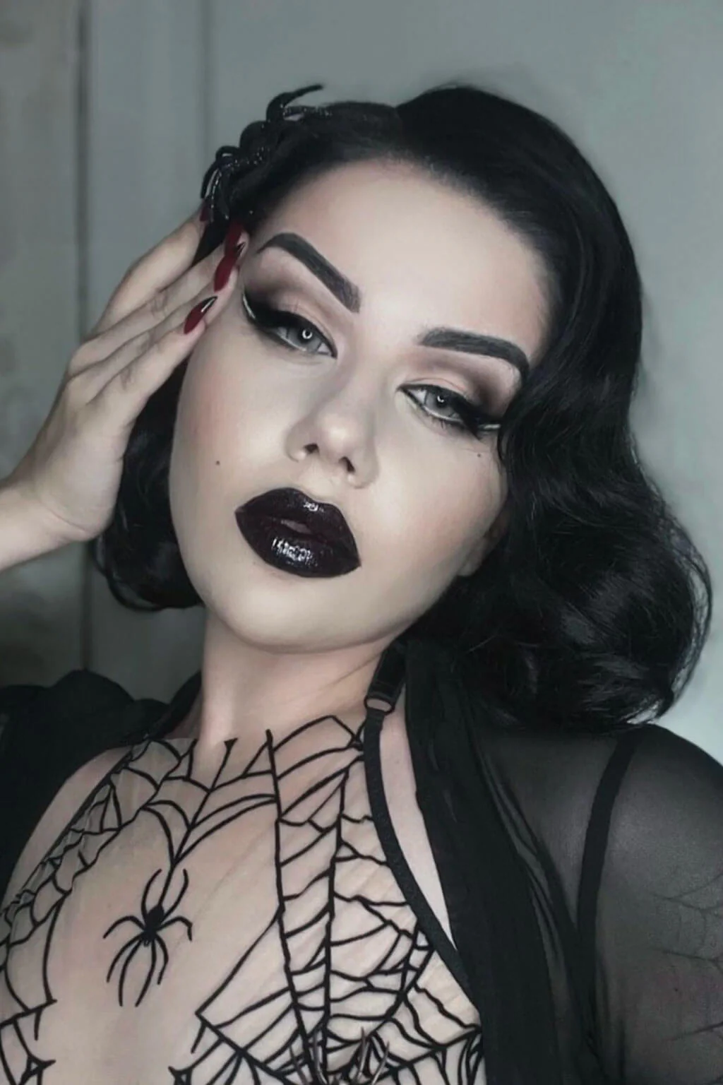 Black lace front wig, pinup/vintage style, mid length with finger waves: Lilith