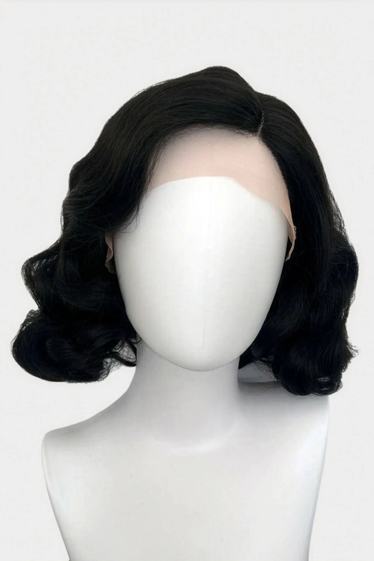 Black lace front wig, pinup/vintage style, mid length with finger waves: Lilith - Image 3