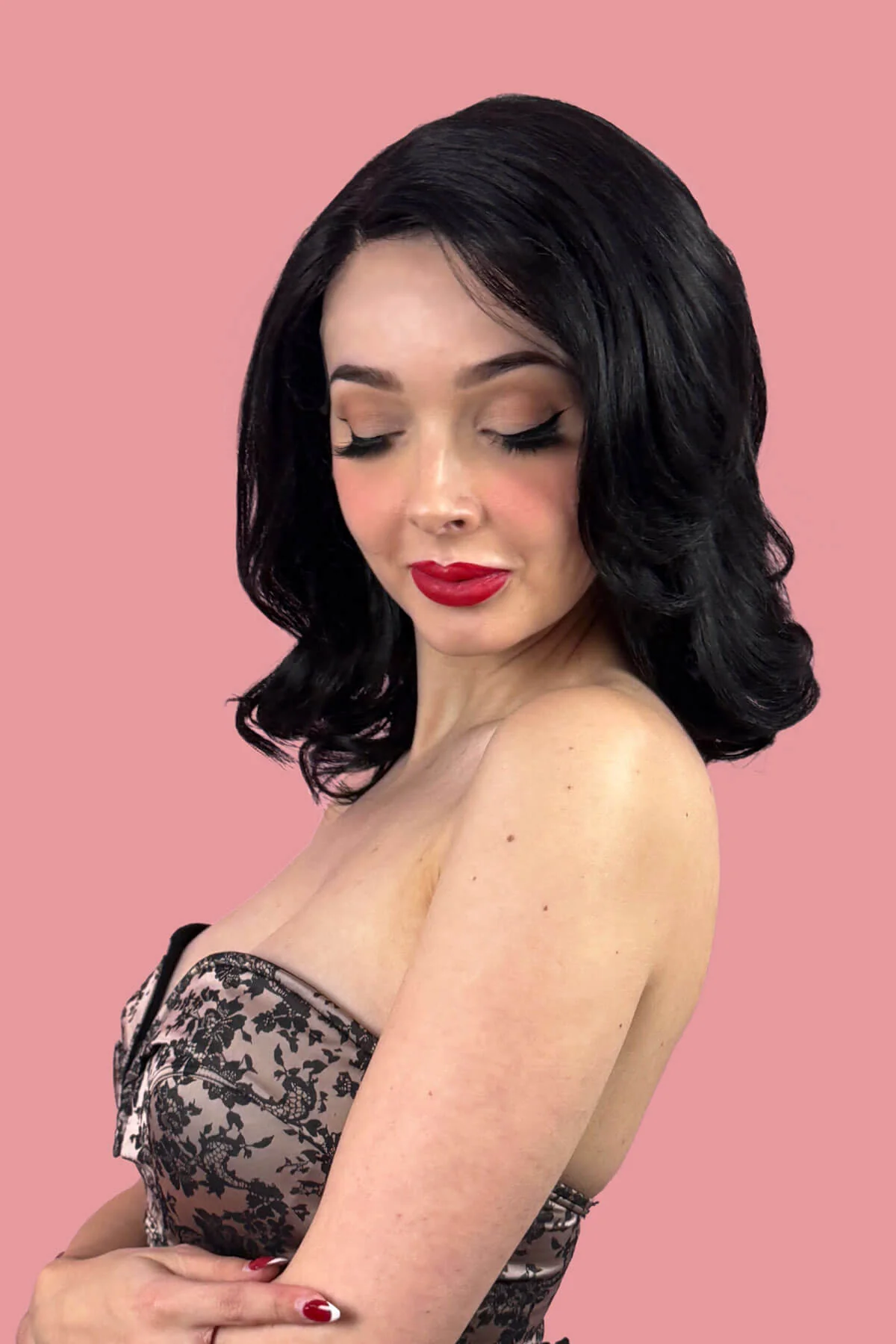 Black shoulder length long bob (lob) lace front wig with side sweeping fringe/bangs: Amaris