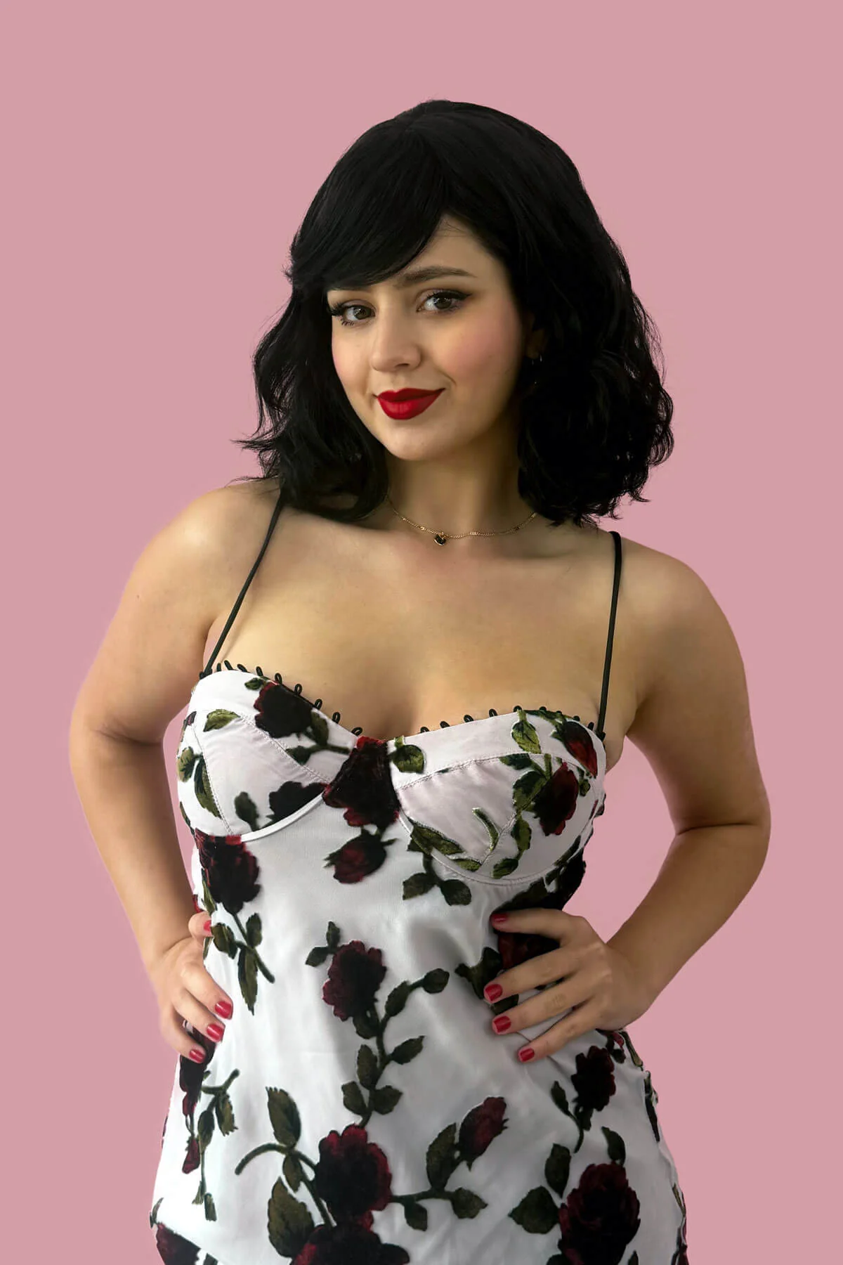 Black long wavy bob (lob) wig with swept fringe: Eleena