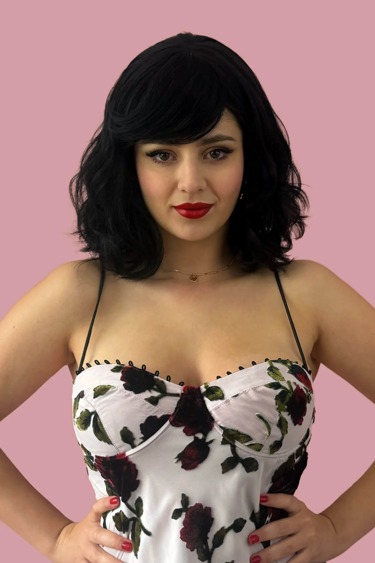 Black long wavy bob (lob) wig with swept fringe: Eleena - Image 2