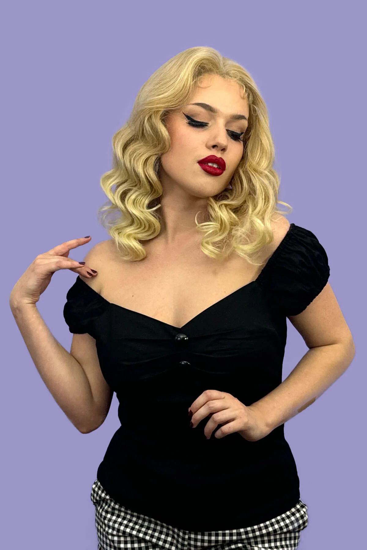 Blonde pinup wig, lace front with vintage style finger waves: Irina