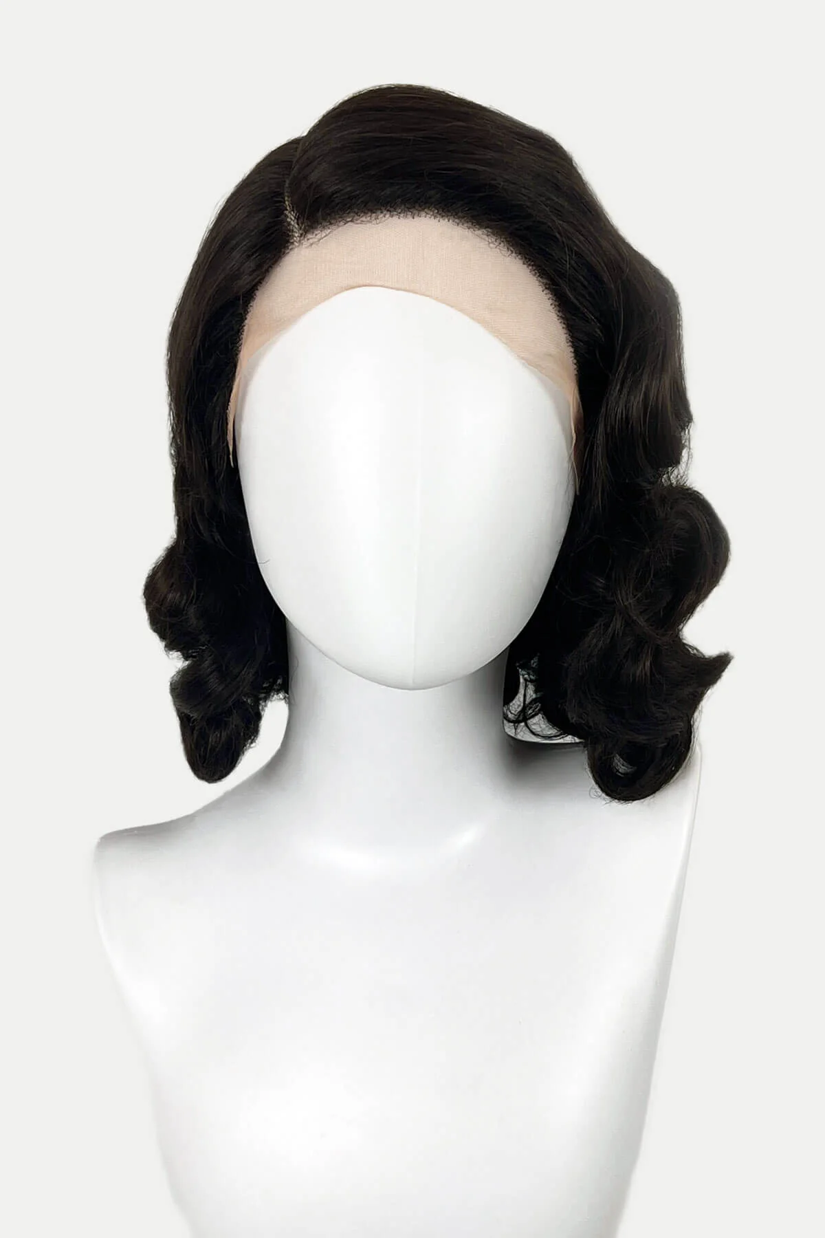 Brown lace front wig, pinup/vintage style, mid length with finger waves: Hattie