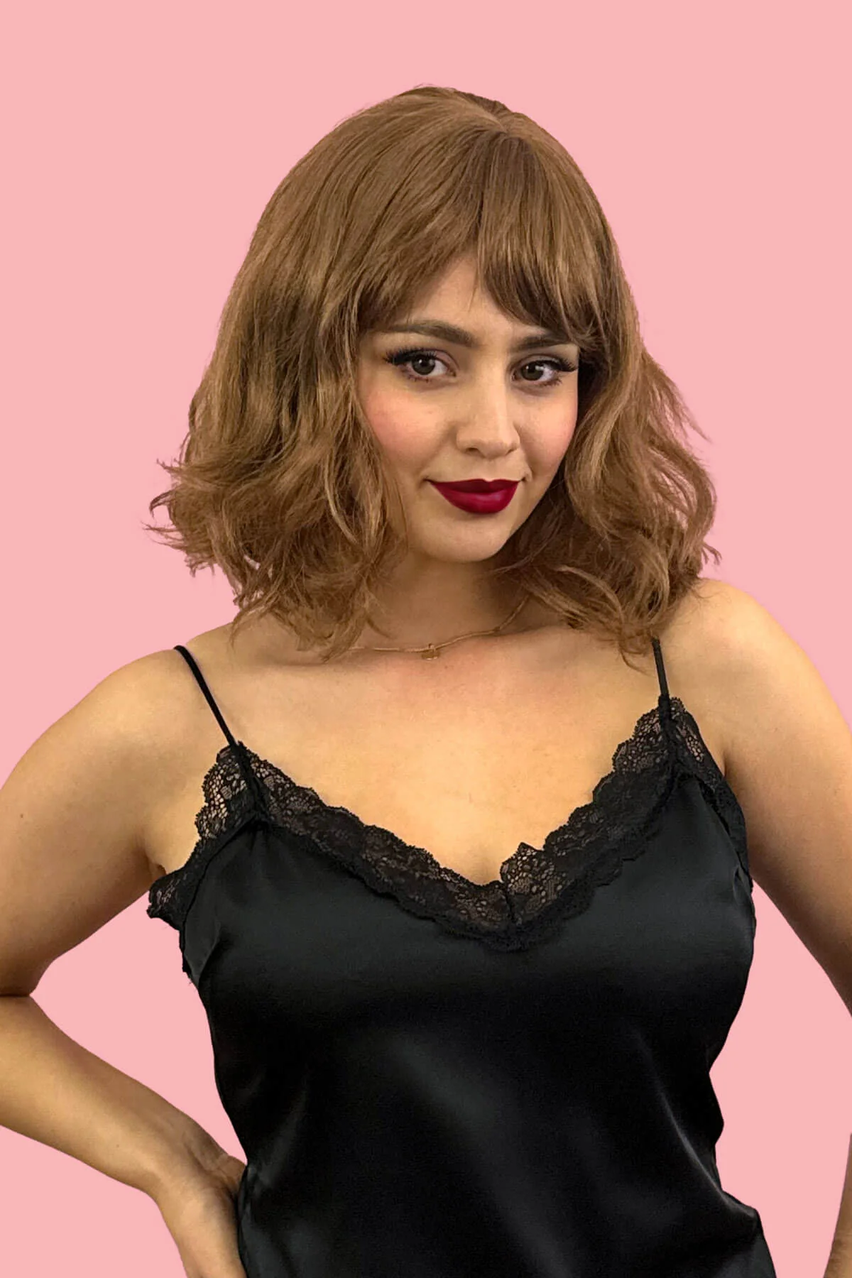 Brown long wavy bob (lob) wig with swept fringe: Clover