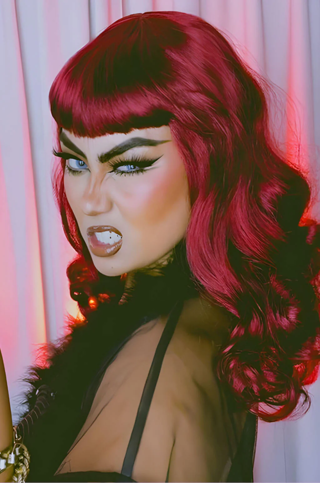 Cherry red pin-up style wig with long marcel waves: Sandra