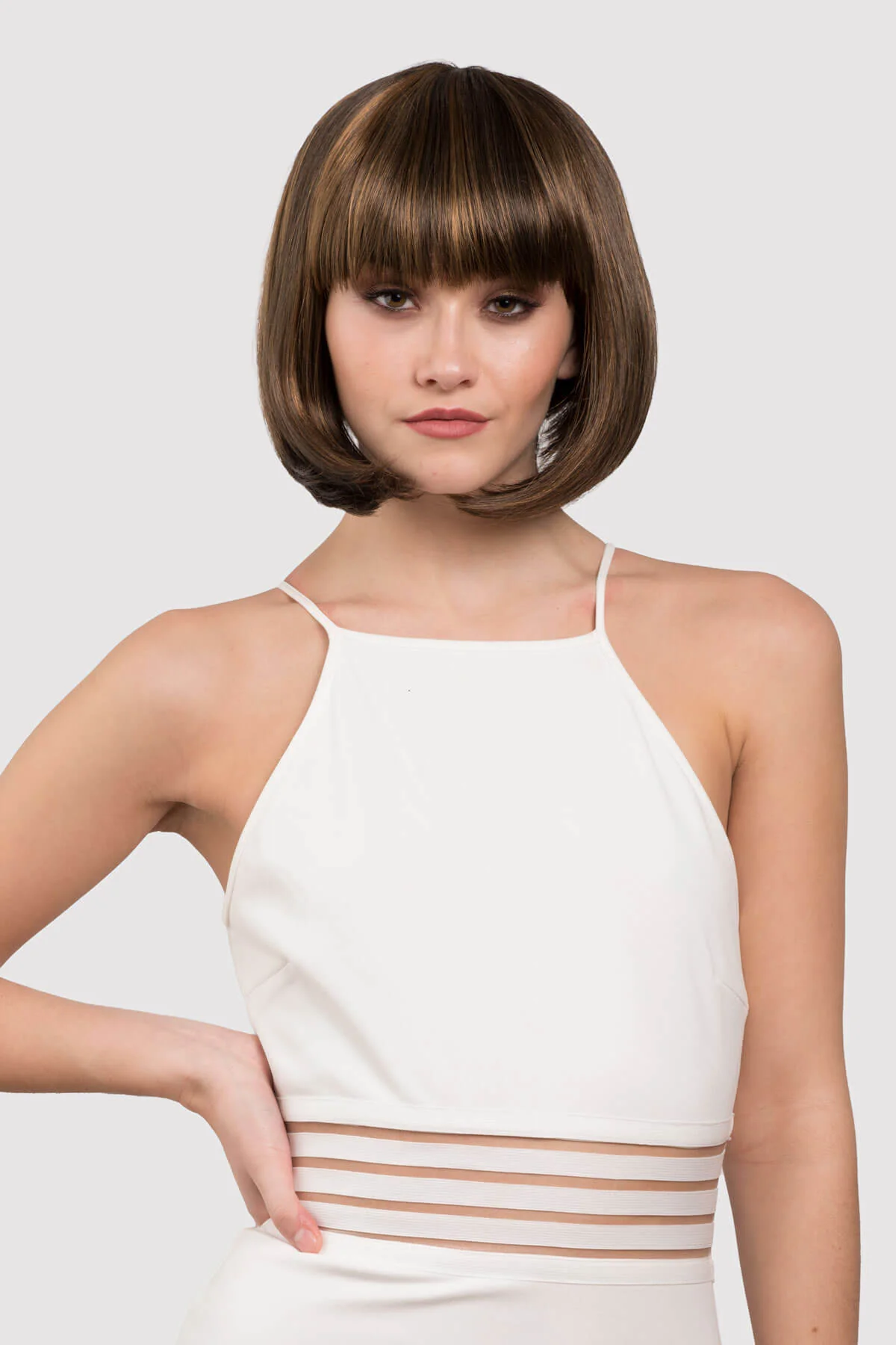 Chocolate brown inverted bob wig with blonde highlights: Keira