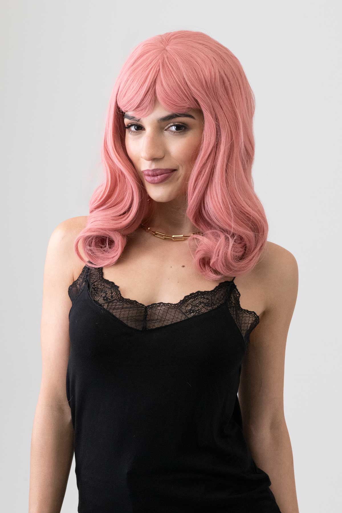 Dusty Pink vintage style wig with short fringe: Paloma