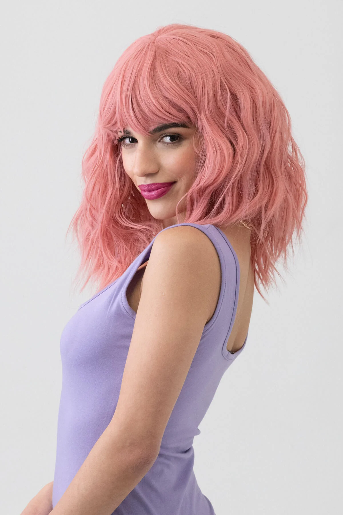 Dusty pink long wavy bob wig (LOB) with textured waves: Fearne