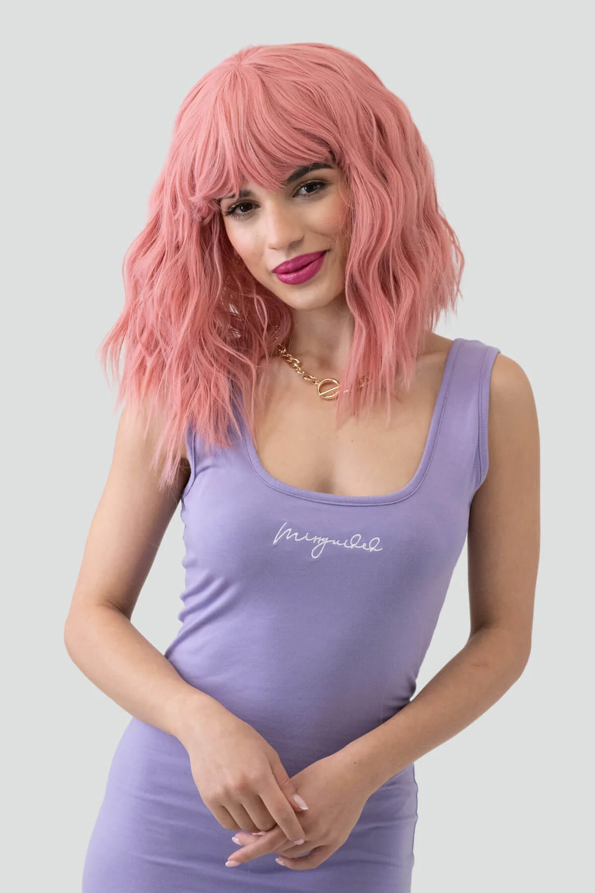 Dusty pink long wavy bob wig (LOB) with textured waves: Fearne - Image 2