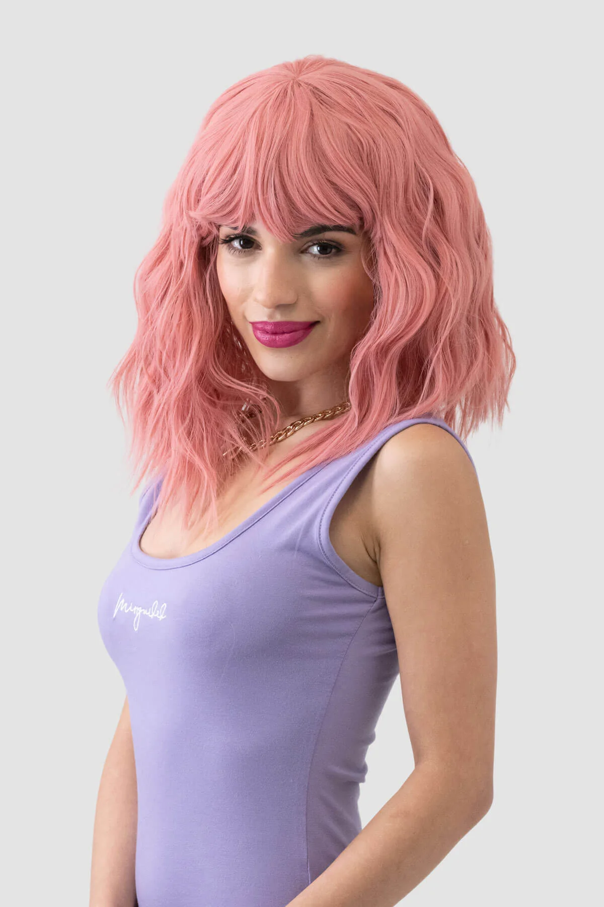 Dusty pink long wavy bob wig (LOB) with textured waves: Fearne - Image 4