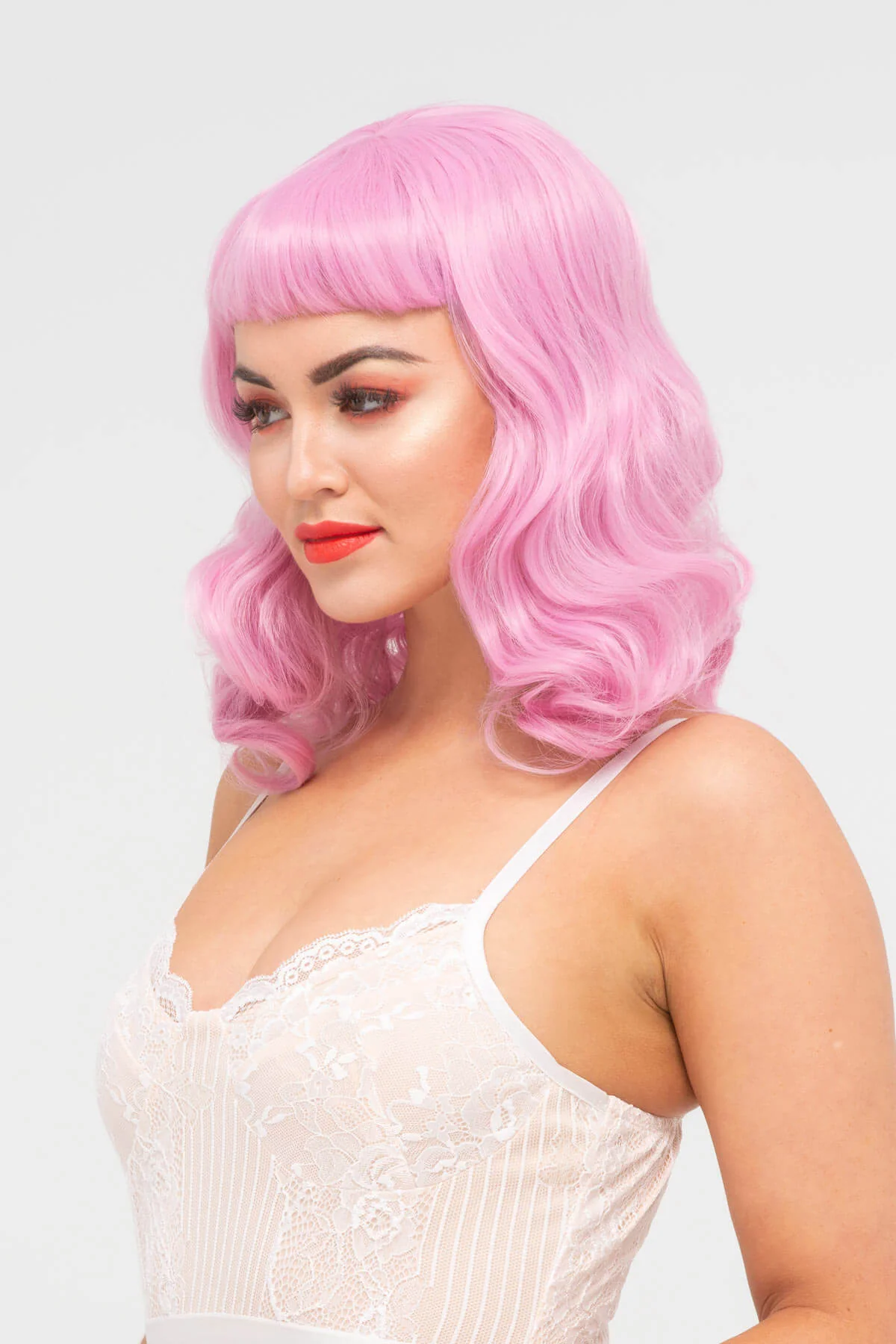 Pink pinup style wig, with finger waves and a short fringe: Stevie - Image 17