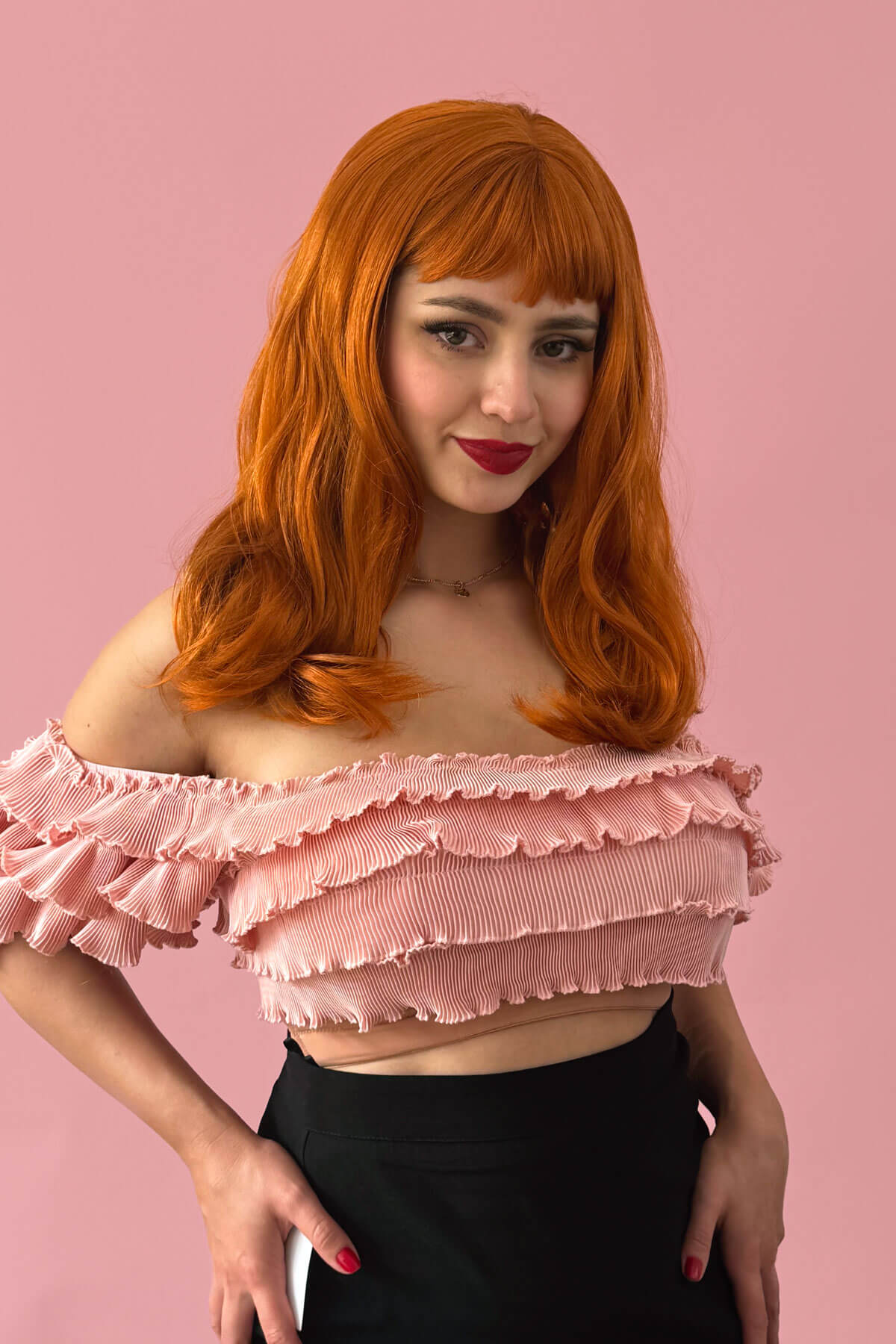 Ginger long wavy bob (LOB) wig with straight retro fringe: Cerissa