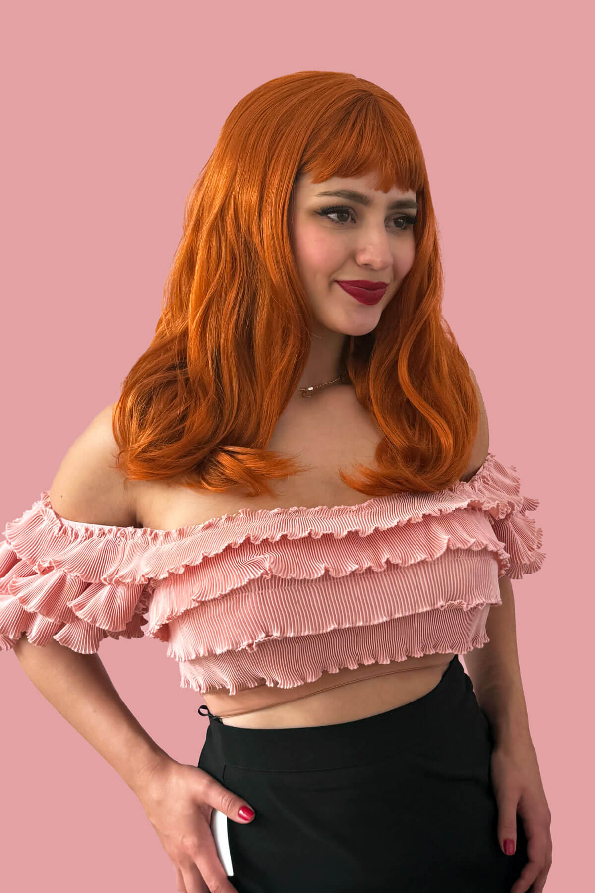 Ginger long wavy bob (LOB) wig with straight retro fringe: Cerissa - Image 2