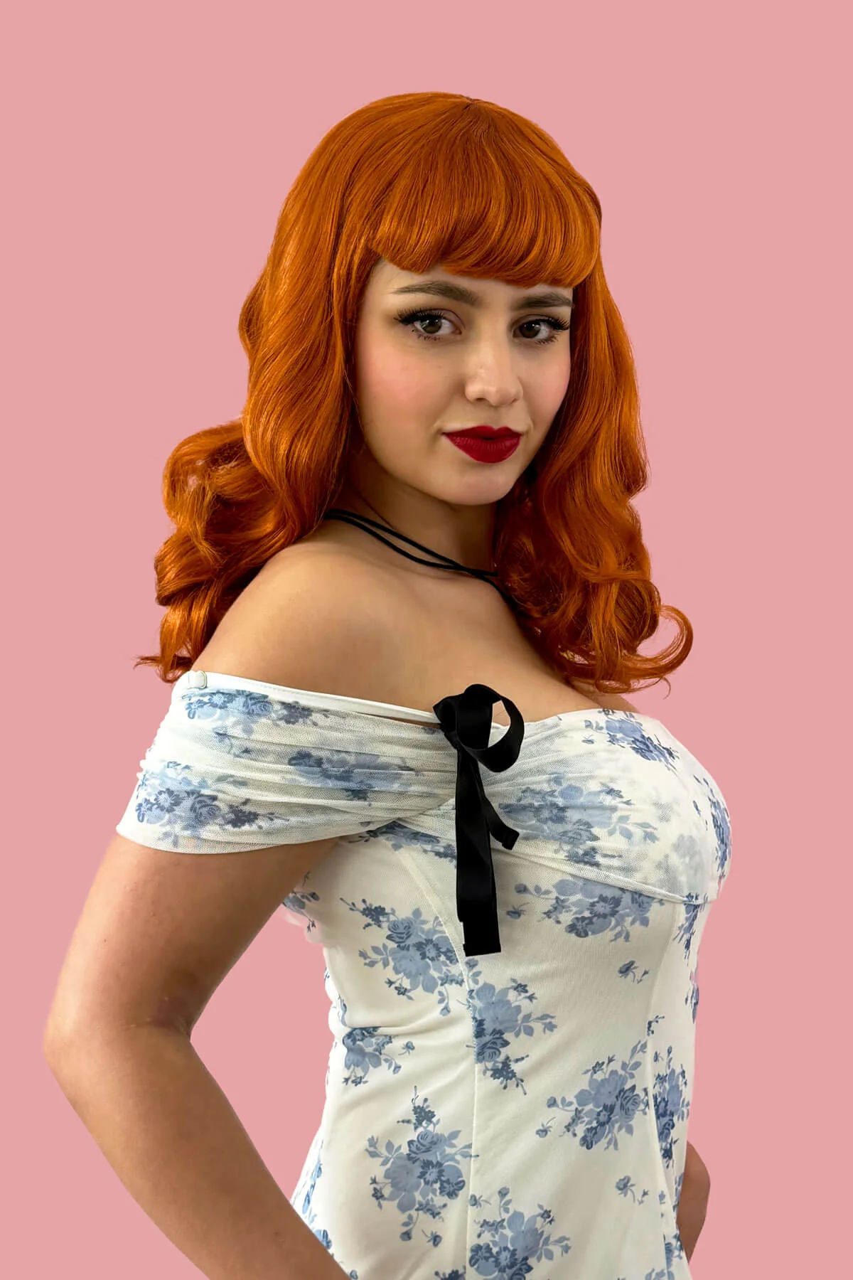 Ginger pinup style wig, finger waved with short fringe: Sienna