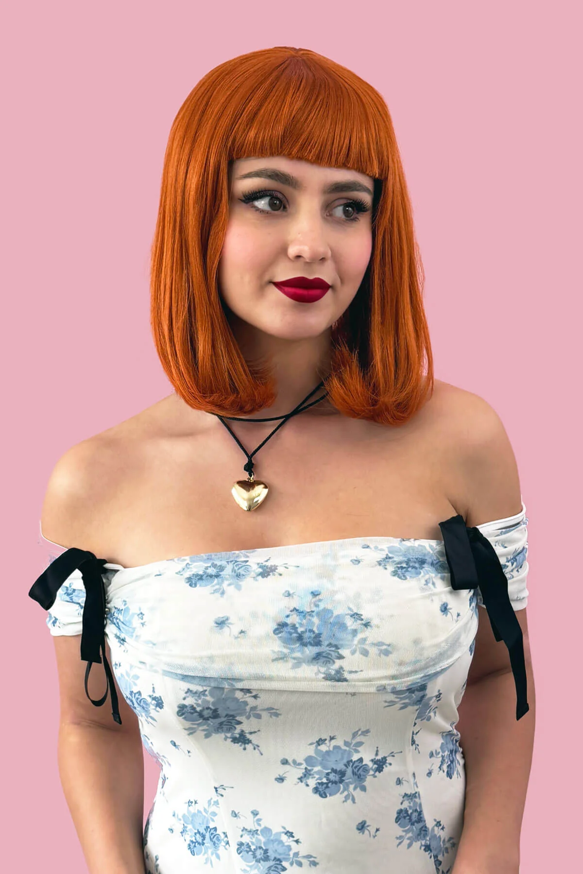 Ginger long bob wig with a short retro style fringe: Bonnie - Image 2