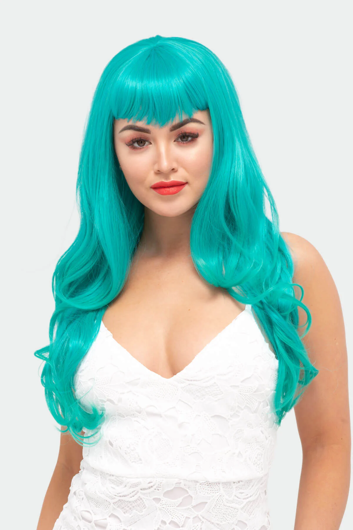 Long aqua green wig with gentle waves and vintage-style straight fringe: Natalie - Image 3