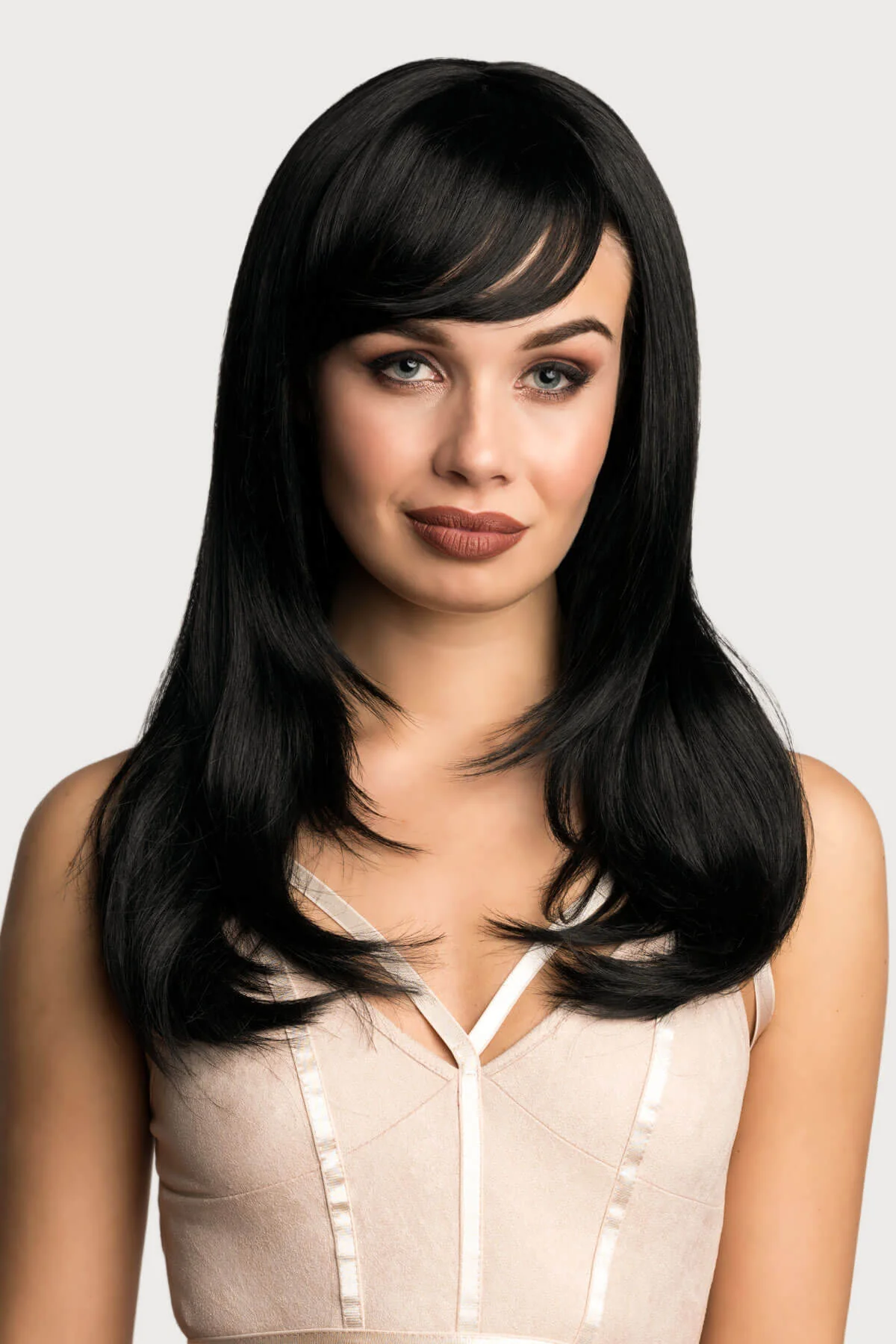 Long black wig, face frame style with full, sweeping fringe: Corina