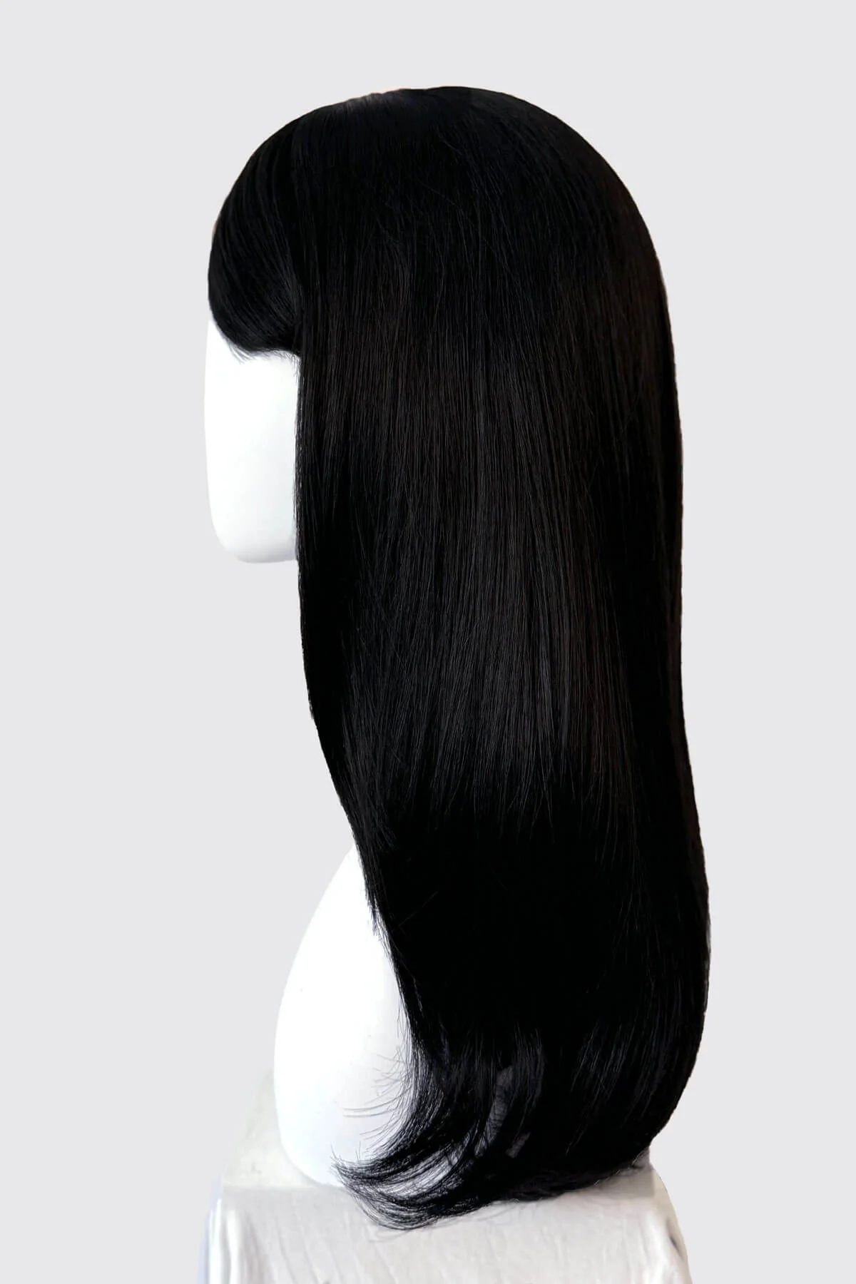 Long black wig, face frame style with full, sweeping fringe: Corina - Image 10