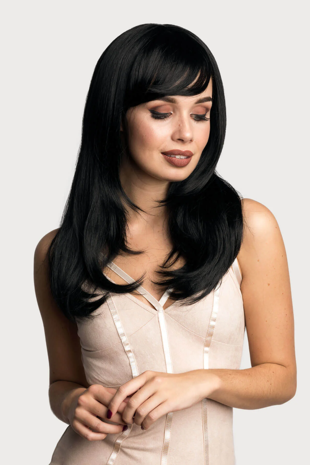 Long black wig, face frame style with full, sweeping fringe: Corina - Image 2
