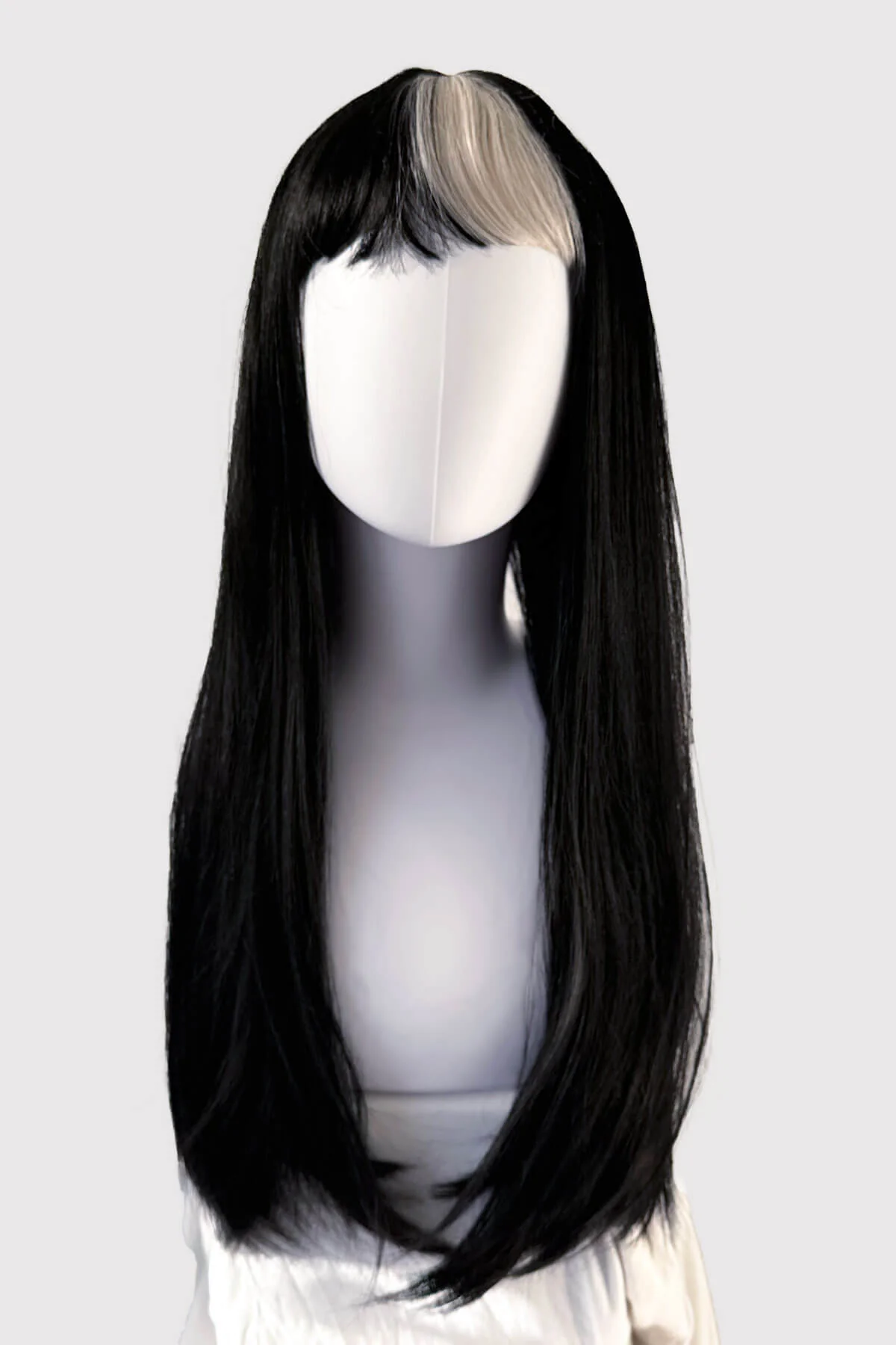 Long, black, straight wig with platinum fringe streak and retro, straight fringe: Imogen - Image 3