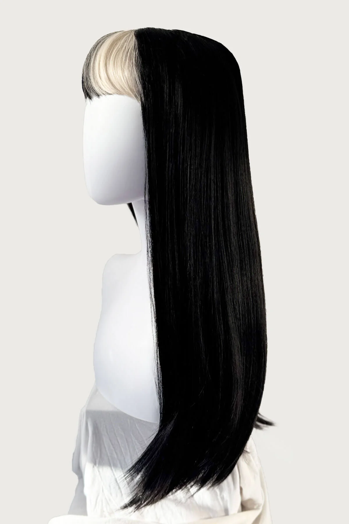 Long, black, straight wig with platinum fringe streak and retro, straight fringe: Imogen - Image 5