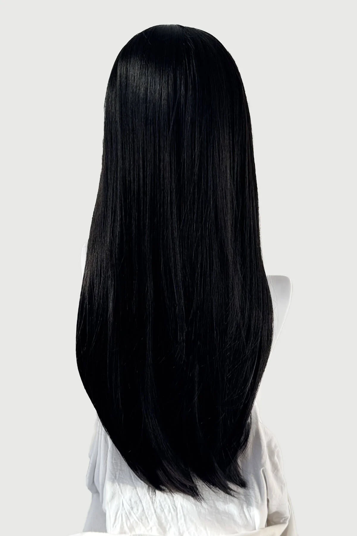 Long, black, straight wig with platinum fringe streak and retro, straight fringe: Imogen - Image 6
