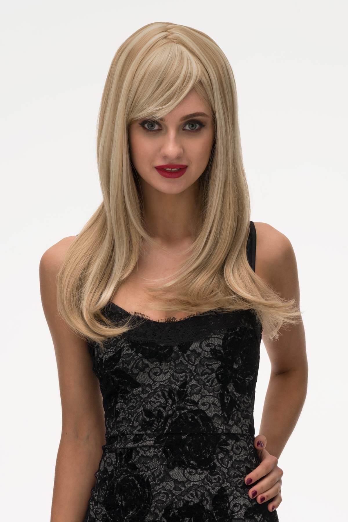 Long blonde wig, face framing with long, side-sweeping fringe: Ashley