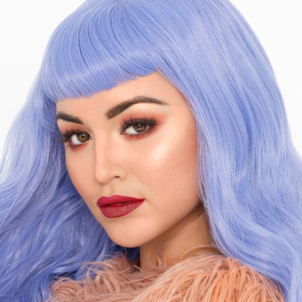 Long blue-purple wig with short fringe and long hollywood waves: Ophelia - Image 5