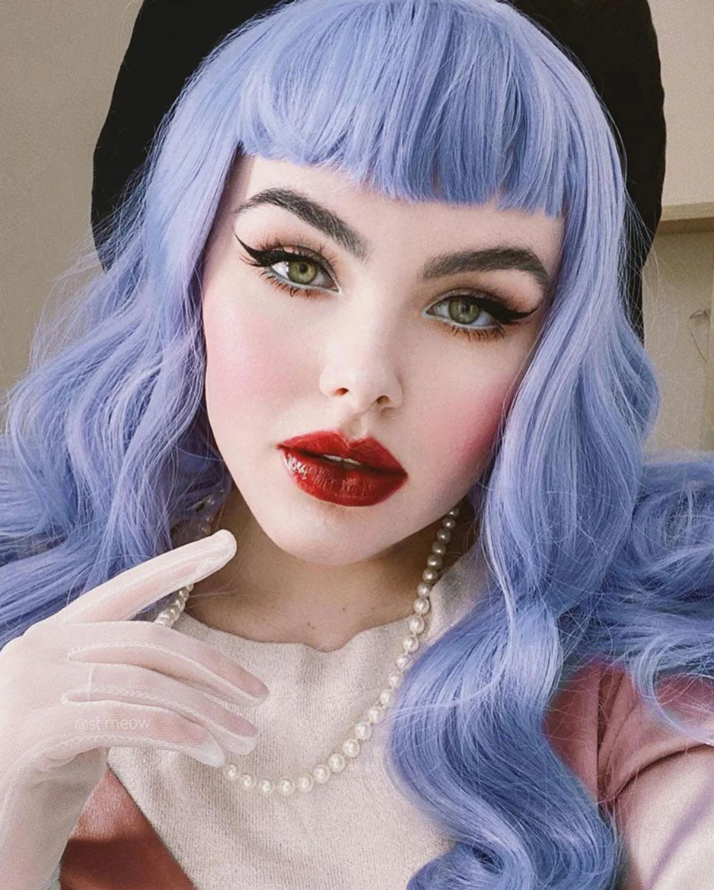 Long blue-purple wig with short fringe and long hollywood waves: Ophelia - Image 6