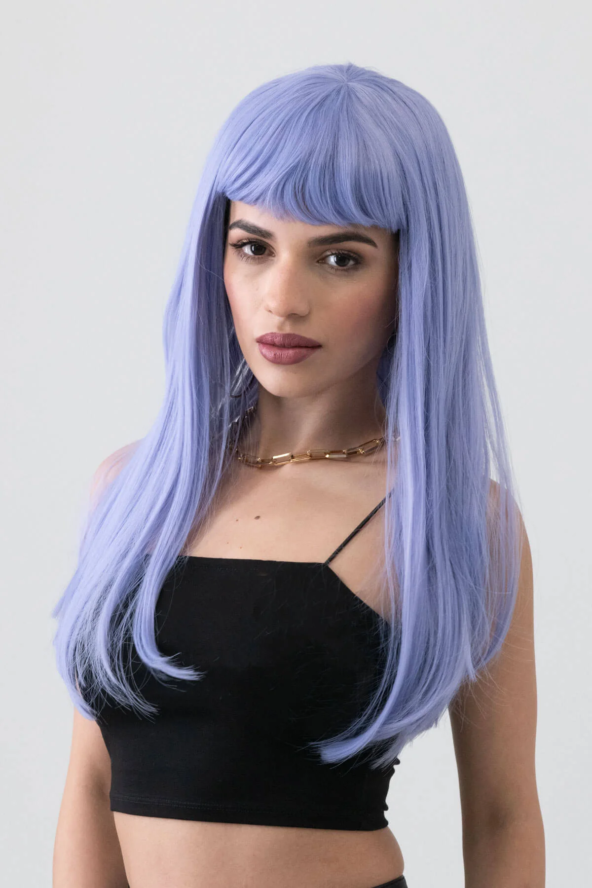 Long blue wig with short, straight fringe: Alyssa