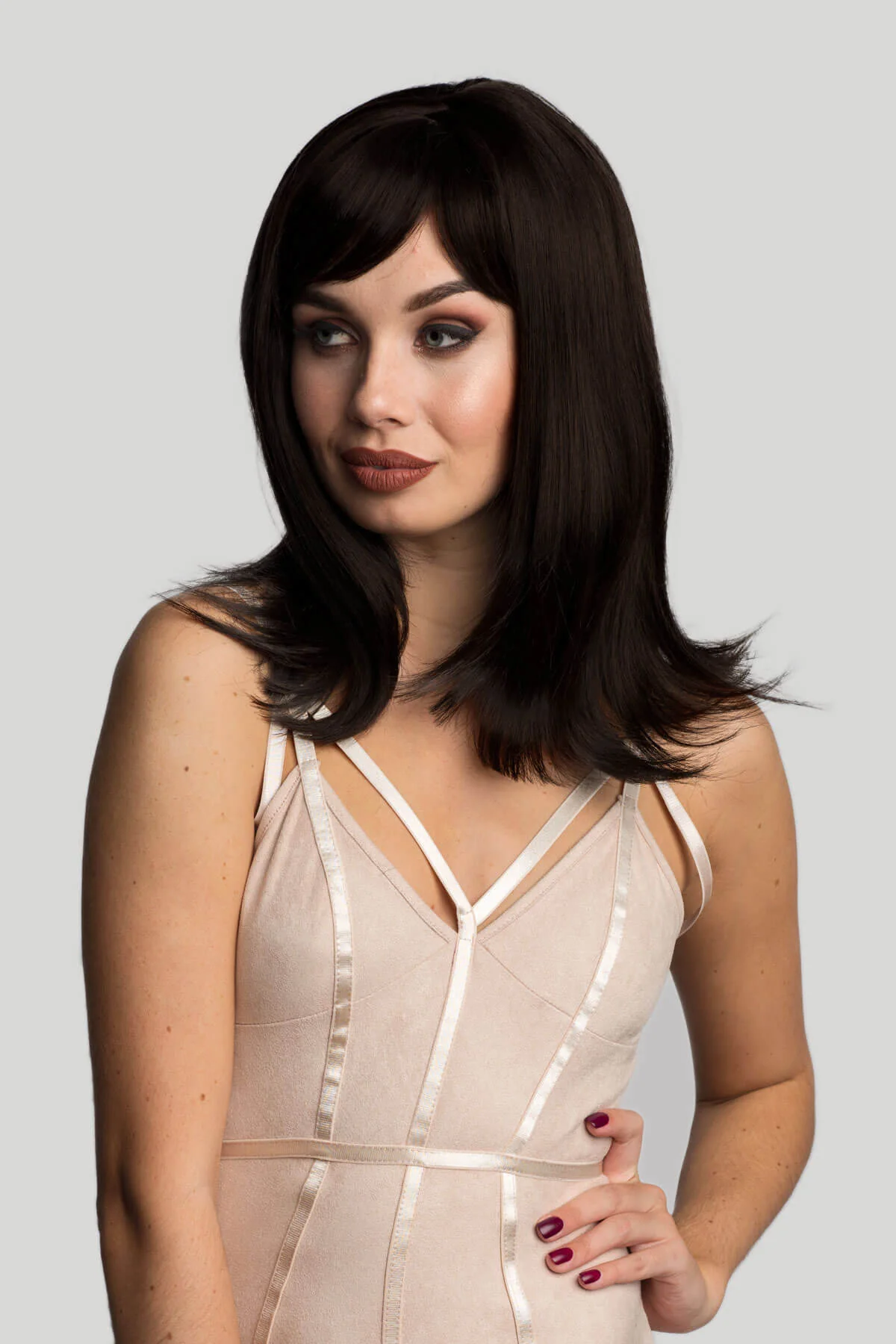 Brown long bob wig, layered with straight fringe: Katia - Image 8