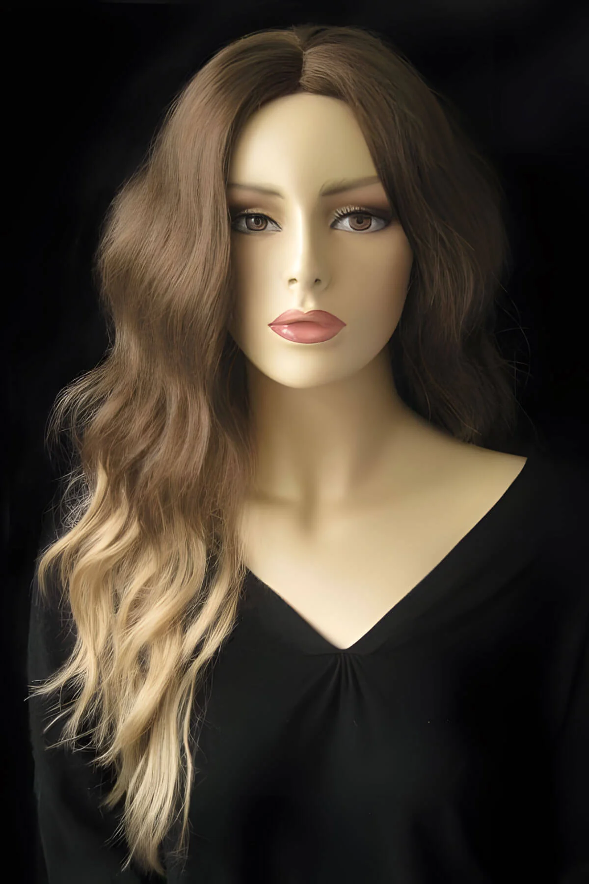 Dip dye chocolate brown and honey blonde wig long wavy wig with no fringe: Genevieve - Image 2