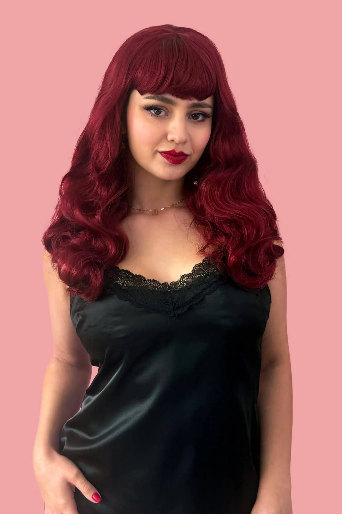 Long cherry red pin-up wig, gently wavy with short fringe: Maeve - Image 3