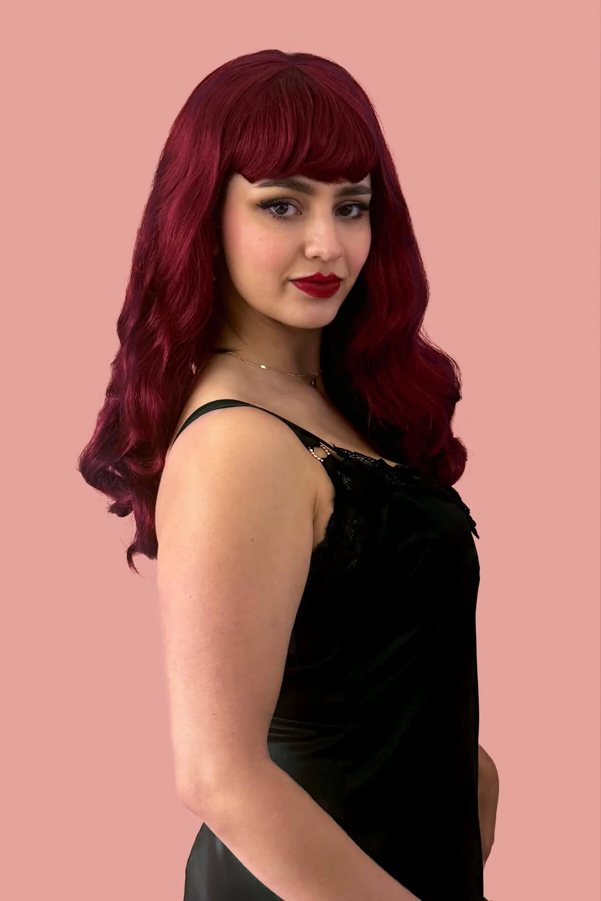 Long cherry red pin-up wig, gently wavy with short fringe: Maeve - Image 4