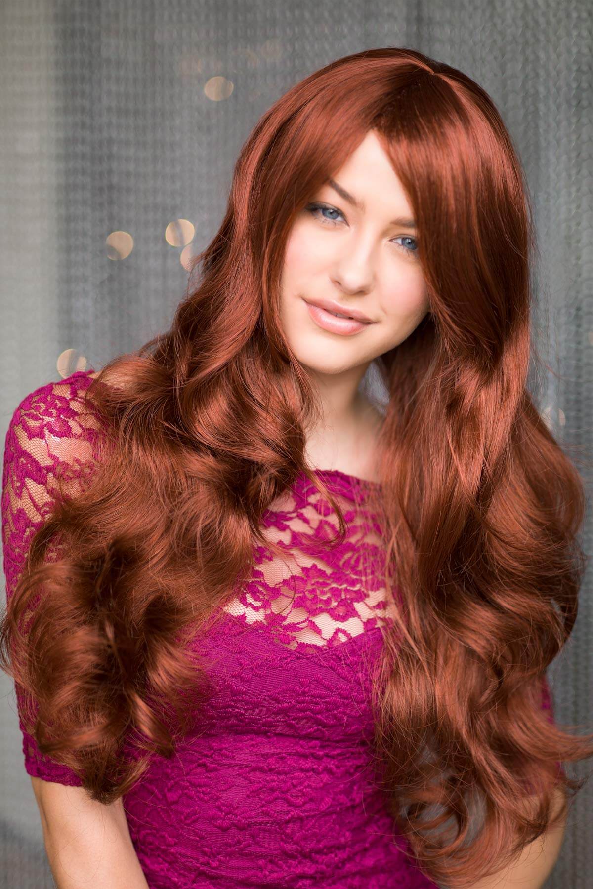 Long copper red wig with side sweeping fringe: Marcia