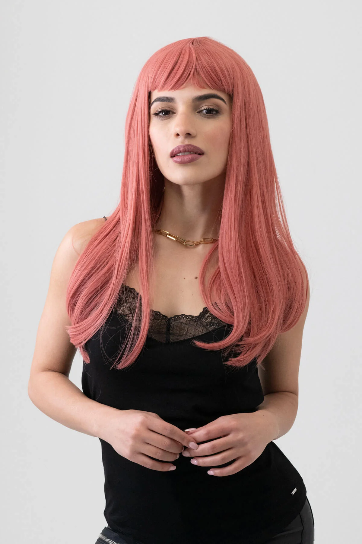 Long Pink Wig With Short, Straight Fringe: Stephanie - Image 4