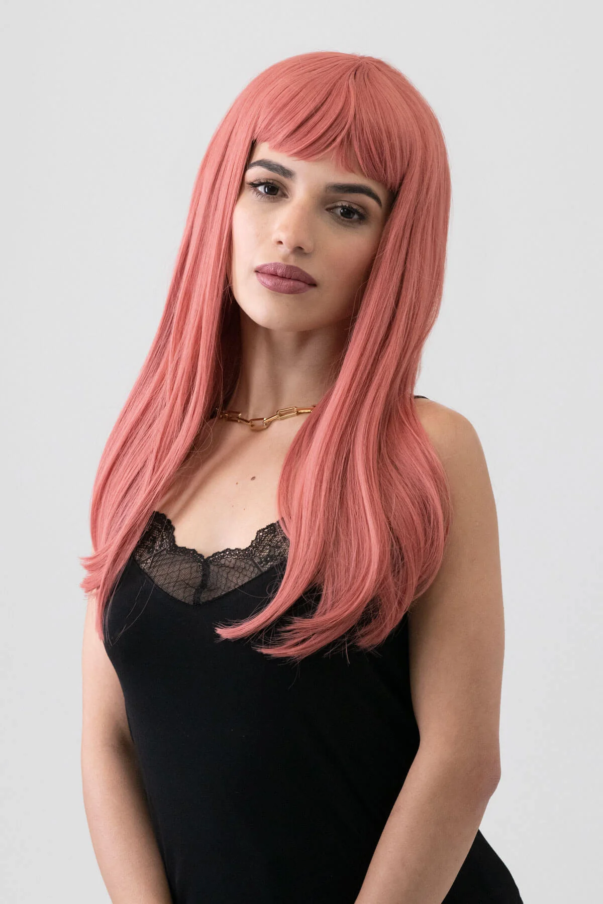 Long Pink Wig With Short, Straight Fringe: Stephanie - Image 5