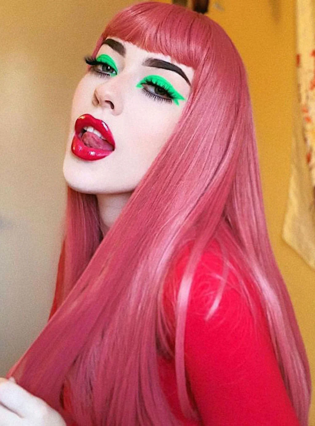 Long Pink Wig With Short, Straight Fringe: Stephanie - Image 7