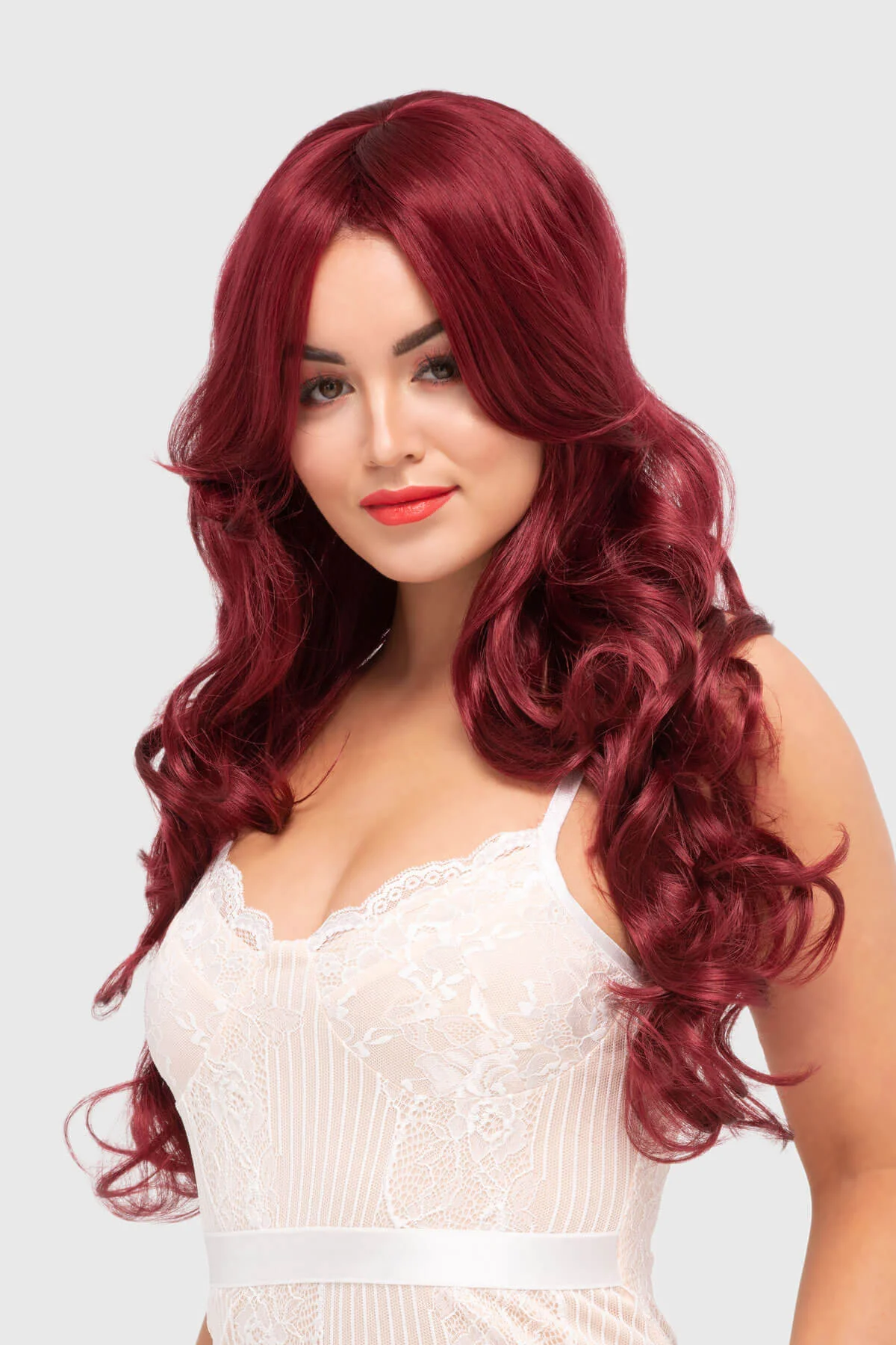 Long red wig with loose curls and a sweeping fringe: Peggy Soo - Image 3
