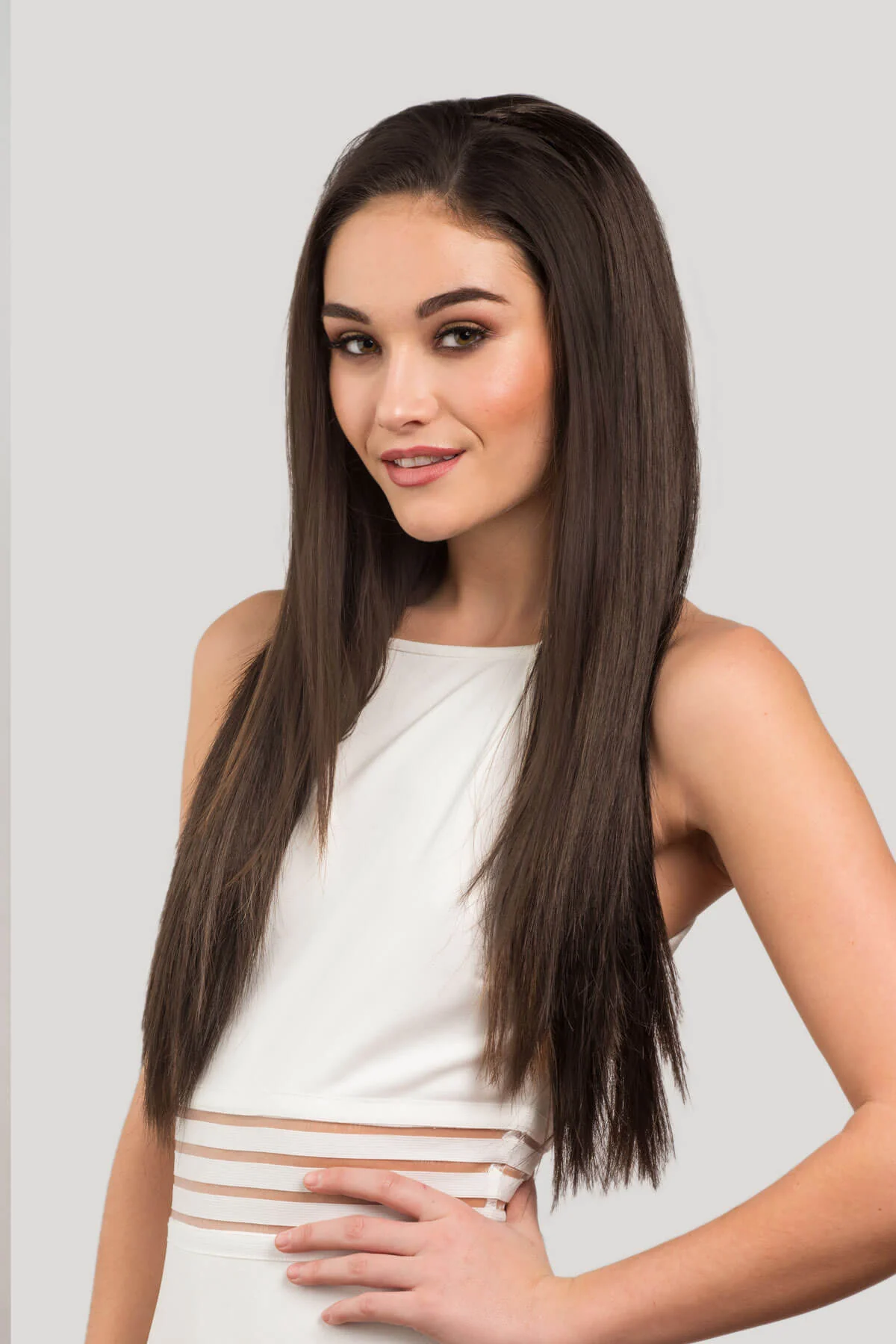 Faye - Poker Straight Sleek Extra Long Brown Half Wig - Image 2
