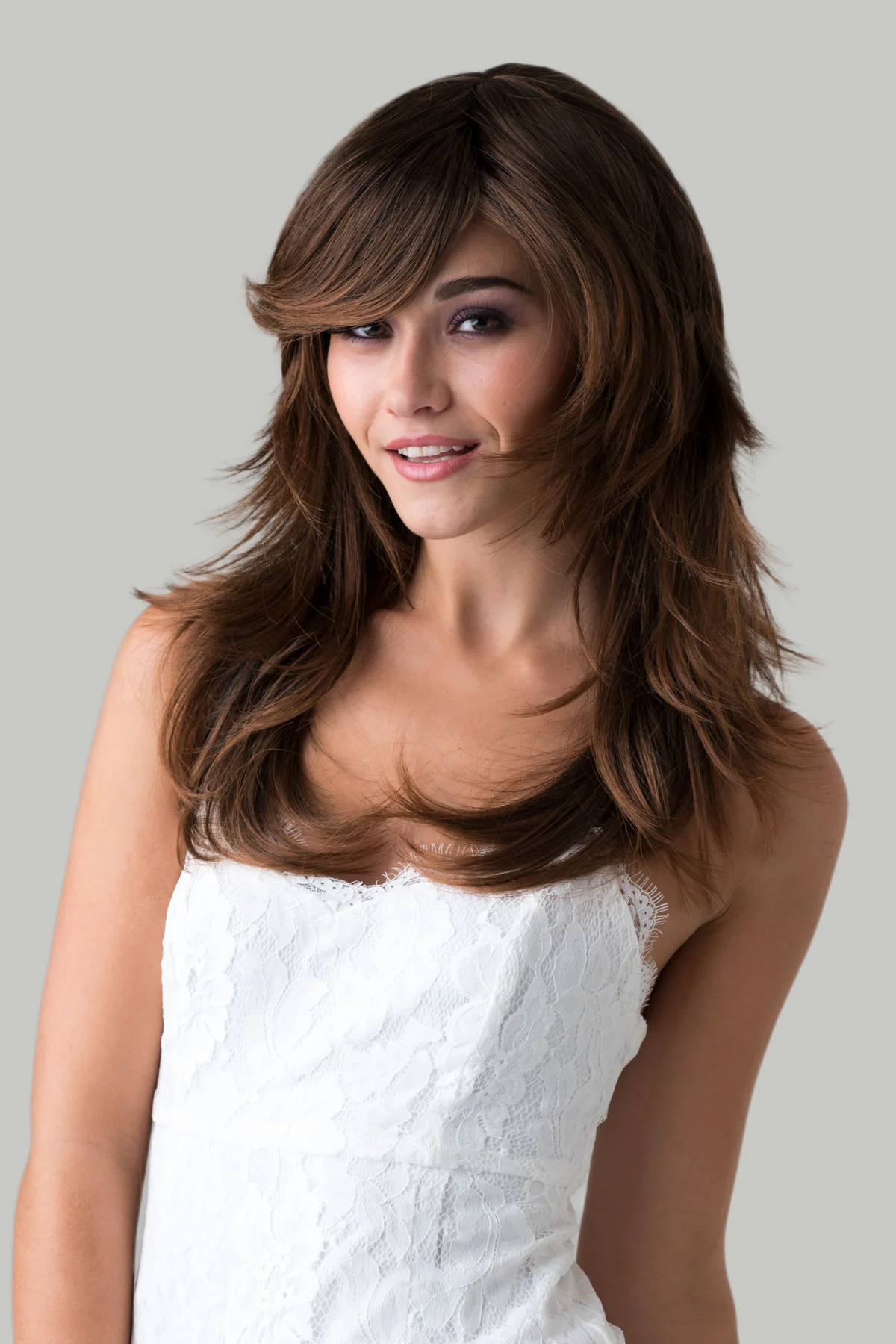 Long warm brown wig, layered, flicked tips: Selina