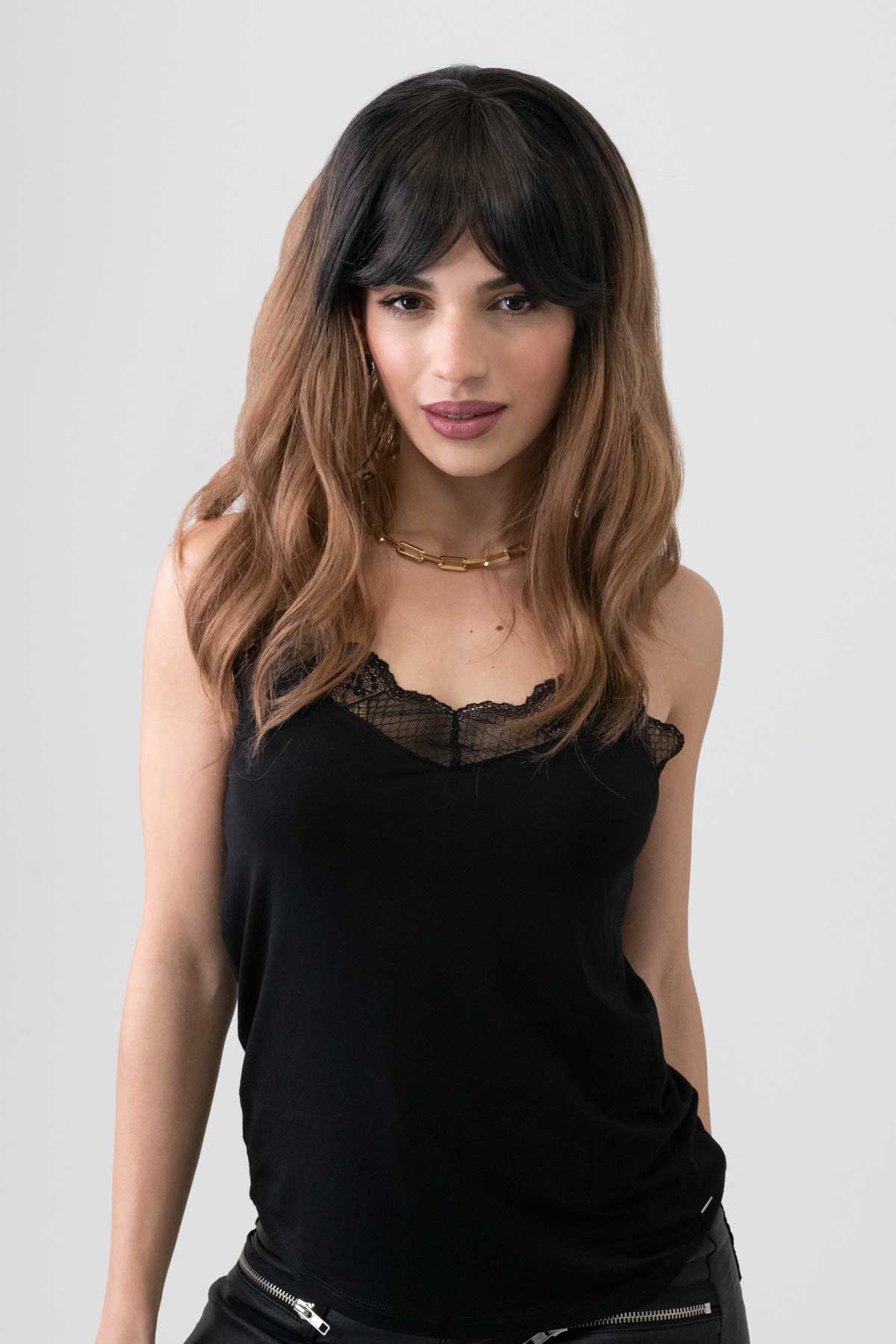 Long wavy bob wig (lob), dark brown to light brown ombre: Rowena