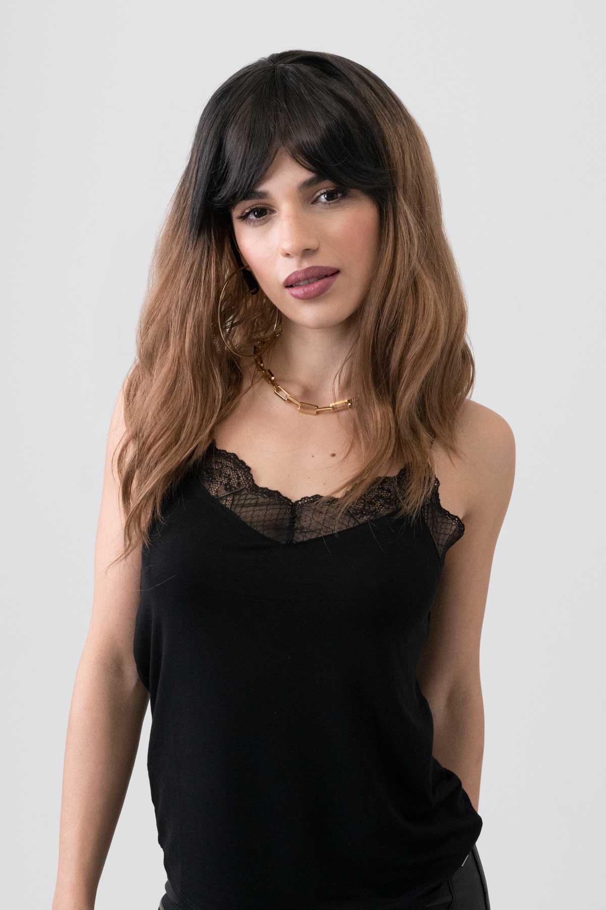 Long wavy bob wig (lob), dark brown to light brown ombre: Rowena - Image 3