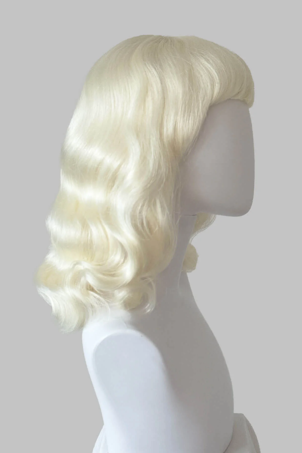 Platinum blonde pin-up style wig with short fringe and marcel waves: Eira - Image 5