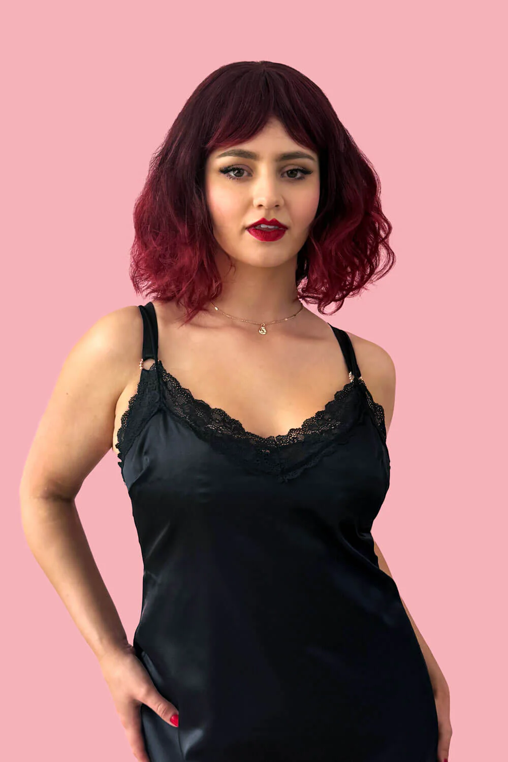 Red and black long wavy bob (lob) wig with swept fringe: Blaze - Image 3