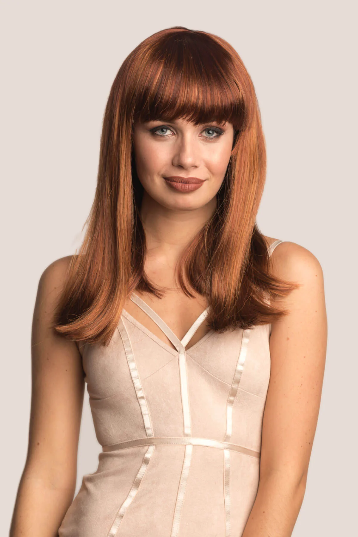 Red/Auburn wig with blonde highlights and straight fringe: Abi - Image 2